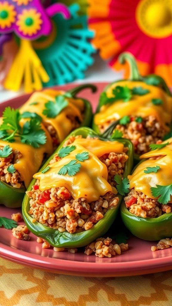 Flavorful Stuffed Poblano Peppers for Cinco de Mayo Stuffed poblano peppers filled with meat and rice, garnished with cilantro, on a festive table.